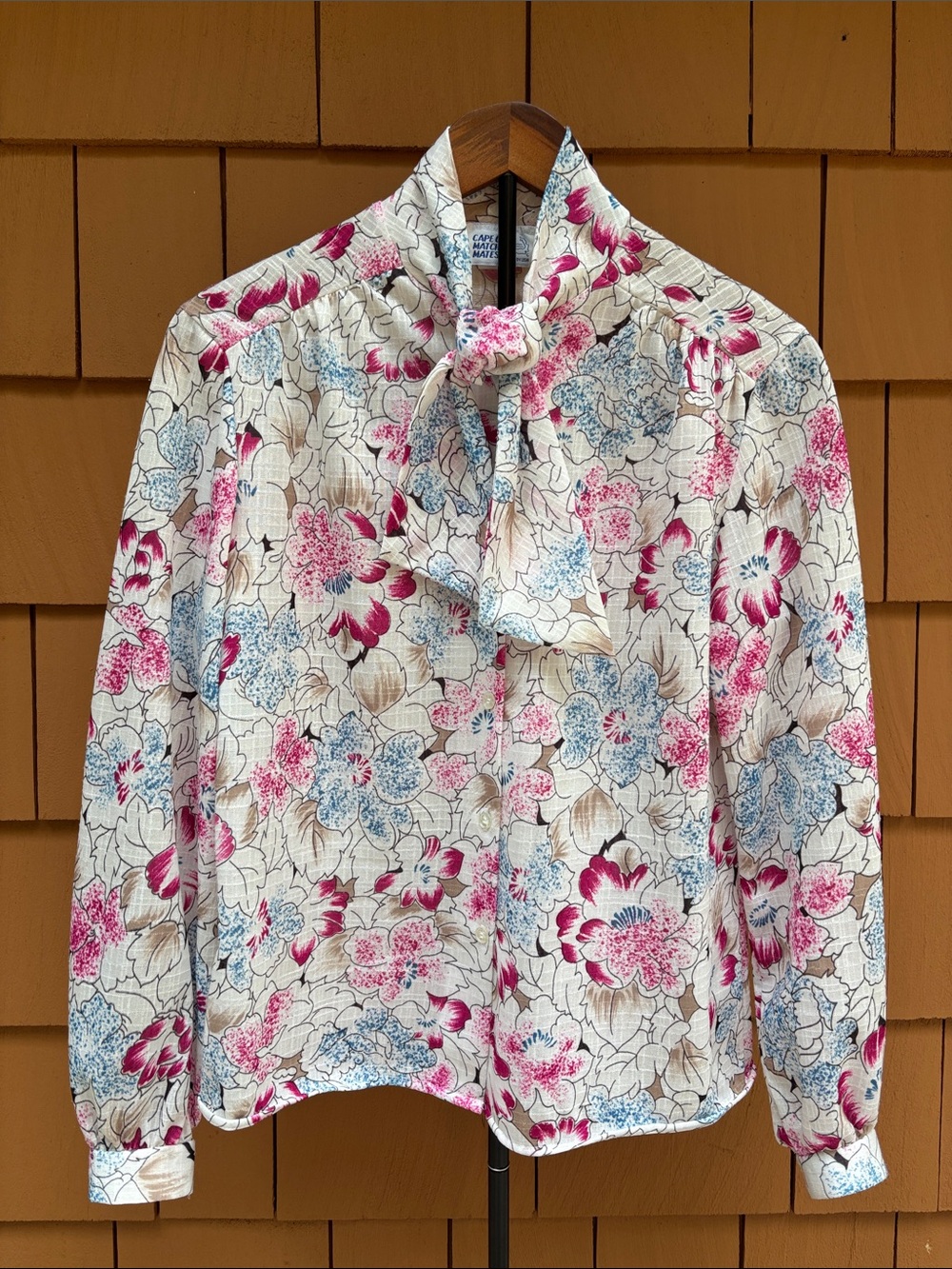 CAPE COD MATCH MATES | Vintage 70s 80s Floral Neck-Tie Collar Blouse | Size 14